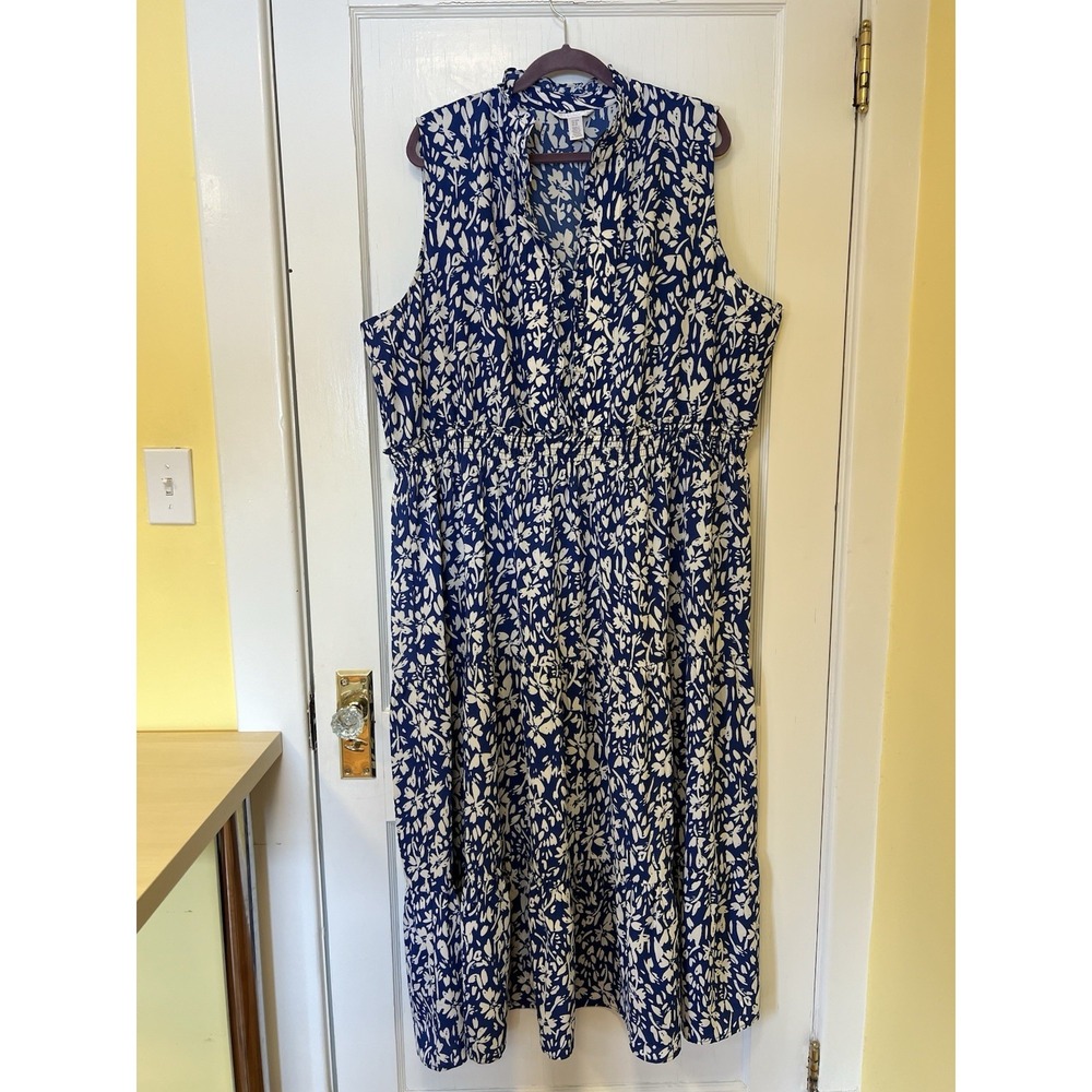 Women's 24W Dress Floral Blue/White Spring Tiered Midi Boho  Vacay Stretch Waist